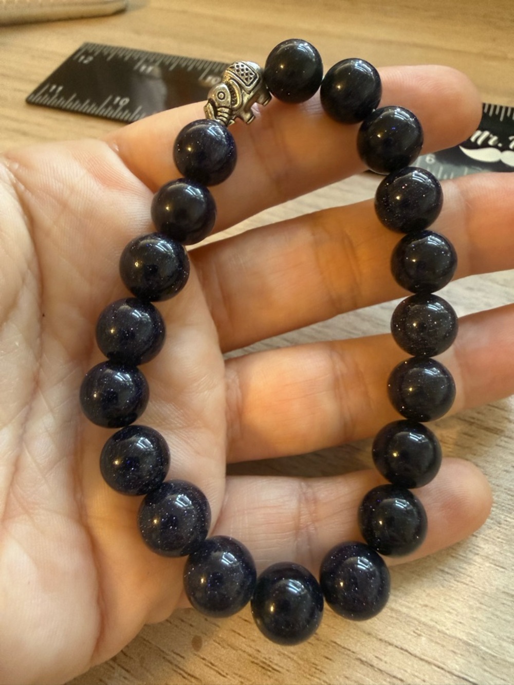 Blue Goldstone Beaded Stretch Bracelet with‎ Silver Elephant Charm 7 Inch